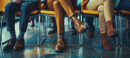 Close up of business peoples legs waiting for a job interview. Hiring and recruitment concept