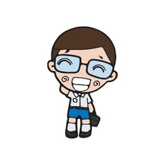 thai students cleaning up school classroom, cute cartoon kawaii vector illustration