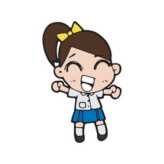 thai students cleaning up school classroom, cute cartoon kawaii vector illustration