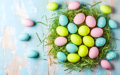 Obraz premium colored easter eggs, pastel color background, easter concept.