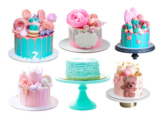 Set of pink and green cakes isolated on white background. Cakes with teddy bear, edible flowers,...