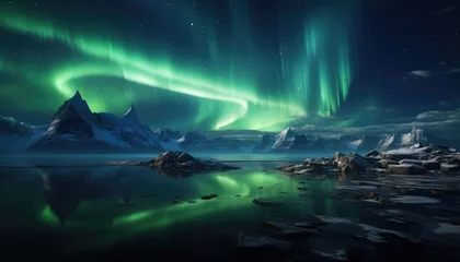 Papier Peint photo Lavable Réflexion Majestic auroras light up the polar sky, reflected in icy waters against a backdrop of snowy peaks.
