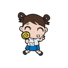 thai students cleaning up school classroom, cute cartoon kawaii vector illustration