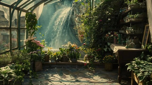 flower green house a huse full of flower plant in the pot ornamental with view of water fall in the balcony