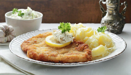 Schnitzel with potato salad, German cuisine.