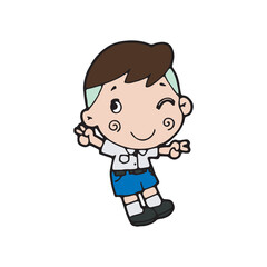 thai students cleaning up school classroom, cute cartoon kawaii vector illustration