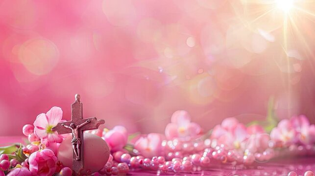 Happy easter Jesus Cross with easter egg surounded by pink pearl with pink background can be a opening title background video with animated sun light