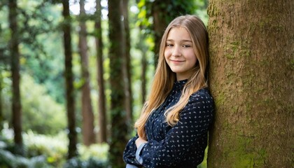 Naklejka premium young girl leaning against a tree in a forest