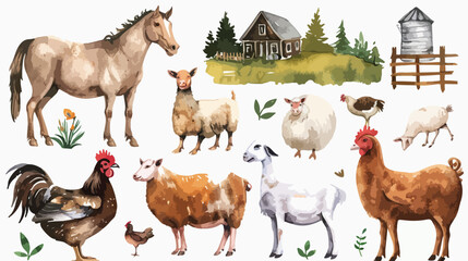 farms animal set mill. Cute domestic pets watercolor