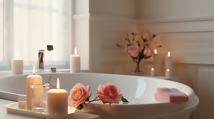 Fototapeta na wymiar Tranquil spa day with candles and roses. Luxurious and serene bathroom setting ideal for wellness, relaxation, and home decor themes.