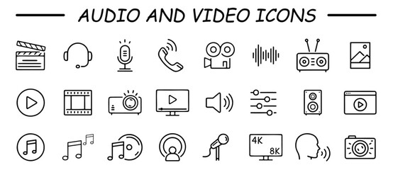 Audio Video Icons Pack. Thin line icons set. Flat icon collection set. Simple vector icons