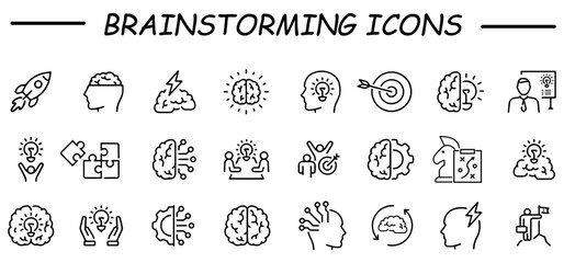 Brainstorming Line Icons Set. Brain, Creativity, Novel Idea. 