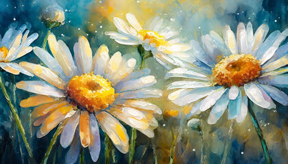 Beautiful digital illustration close up of bright colourful daisy flowers, oil painting floral bouquet
