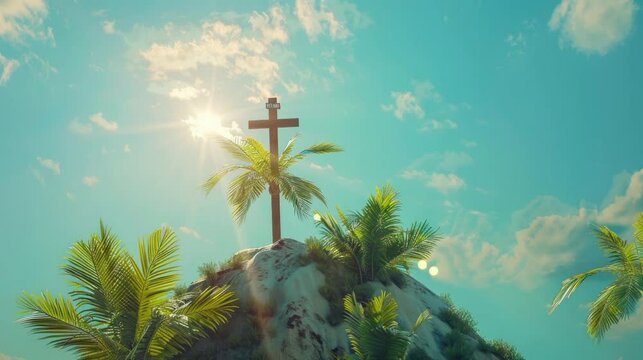 jesus cross in top of palm mountain decorated with palm leaf palm sunday in bright sun light with animation of cloudy sky Happy Sunday