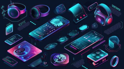Vector illustration of smart devices infographics featuring trendy wearable electronics - obrazy, fototapety, plakaty