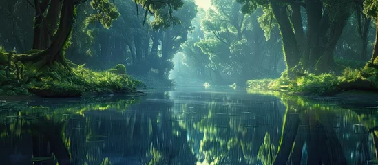 Foto op Canvas A tranquil river flows seamlessly through a dense, verdant forest, showcasing the lush greenery surrounding its banks. The water reflects the vibrant foliage, creating a serene and harmonious scene. © 2rogan