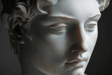 a closeup of a beautifully sculptured face in white marble that is textured with time - 746814877