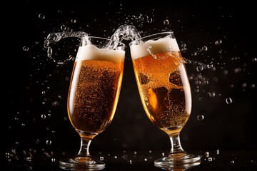 two glasses of beer with bubbles - obrazy, fototapety, plakaty