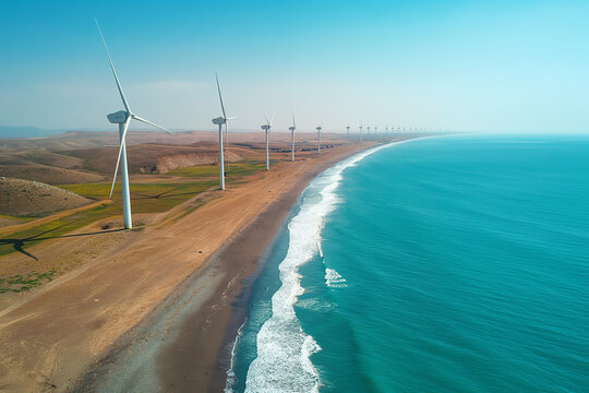 A seaside wind farm stretches along the coastline and consists of several wind-driven turbines spaced evenly apart. The towers rise high into the sky and slowly rotate in the wind.
