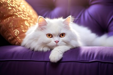 a white cat lying on a purple couch