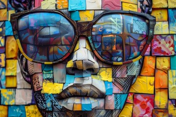 A vibrant mosaic masterpiece adorns a person's face, showcasing a stunning combination of art, graffiti, and colorful glasses in an outdoor setting