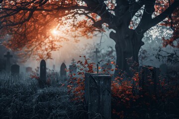 A foggy autumn morning at the cemetery reveals a hauntingly beautiful scene of trees and graves, with one tree standing tall and bearing a solemn cross