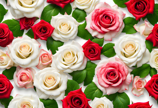 Group of refined fresh red pink and white rose flowers