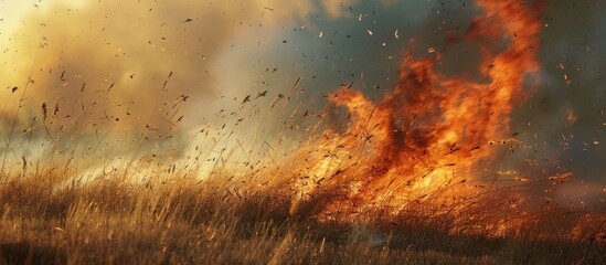 A wildfire is aggressively consuming a field filled with dry grass. The flames are intense and spreading rapidly, fueled by the wind. The scene depicts the destructive power of elemental forces in - Powered by Adobe