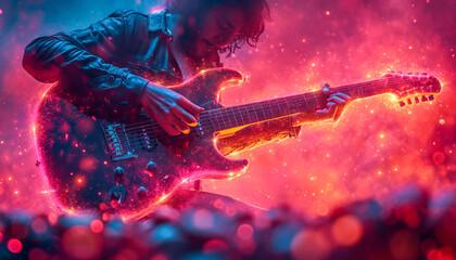 Musician playing electric guitar in colorful environment, International Guitar Month, April  - obrazy, fototapety, plakaty