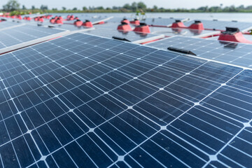 Floating solar panels on water lake. solar panels at sun light. clean energy for future living. Industrial Renewable energy of green power.