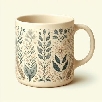 Hand painted floral design pattern on a ceramic tea cup, Closeup of handmade ceramic cups for sale