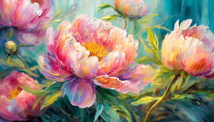 Beautiful digital illustration close up of bright colourful peonies flowers, oil painting floral bouquet