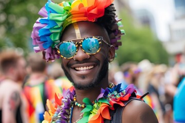 A man's beaming smile, framed by a flamboyant rainbow headdress and reflective sunglasses, captures the vibrant essence of a Pride parade. - obrazy, fototapety, plakaty