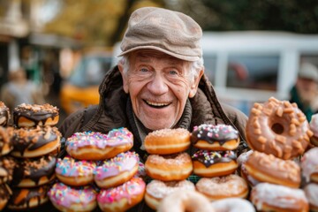 A gleeful elderly man, wearing a warm cap and jacket, beams with joy in front of a decadent display of assorted donuts, capturing a moment of pure bliss.