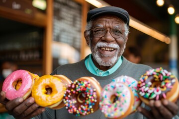 A cheerful elderly African American man holding a variety of glazed donuts with a warm, inviting smile, evoking feelings of joy and indulgence.