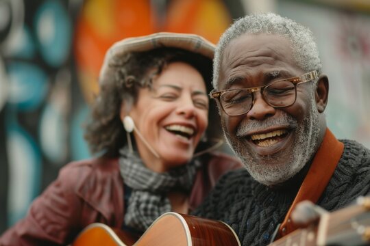 A joyful senior couple shares a candid moment of music and laughter, with the man playing guitar and both reveling in the melody.