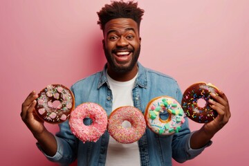 A charming young african american man peeks through an assortment of doughnuts, her grin conveying the pure joy and playfulness of a sweet treat.