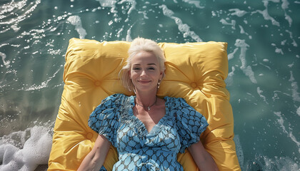 Eine Frau liegt im Badeanzug auf einer gelben Luftmatratze. und schwimmt damit im Meer. KI generiert. - 746816677