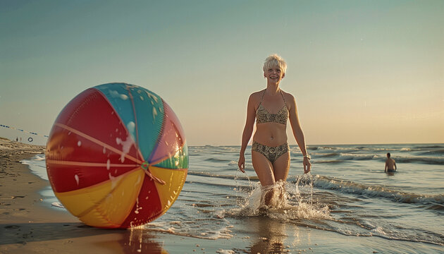 Eine Frau im mittleren Alter geht am Strand im Wasser und  freut sich über einen großen Wasserball.  KI generiert.