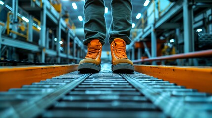 A person's legs stand on an indoor conveyor belt, clad in bright orange shoes and ready to take on the day - obrazy, fototapety, plakaty