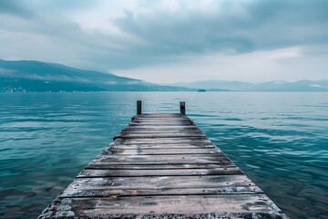 A peaceful scene of a wooden dock on a serene lake, surrounded by majestic mountains, with fluffy clouds in the sky and the soothing sound of water lapping against the boardwalk - obrazy, fototapety, plakaty