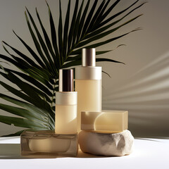 Fototapeta na wymiar Cream colored perfume, liquid soap bottles on a green palm leaf and gray backgorund with sun light and shades. Concept of bathroom, hygiene, cleaning products, decoration, mock-up, cosmetics, spa