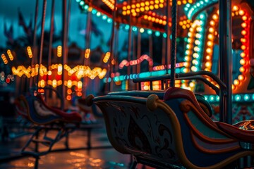 The bright lights of a carousel illuminate the night sky, creating a colorful and festive atmosphere for those enjoying the outdoor amusement ride at the playground