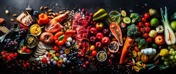 A vibrant still life of various produce and superfoods, highlighting the benefits of vegan and vegetarian nutrition through local, natural and whole foods on a sleek black surface