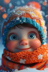 3D cartoon illustration depicting a boy in winter clothes on the street
