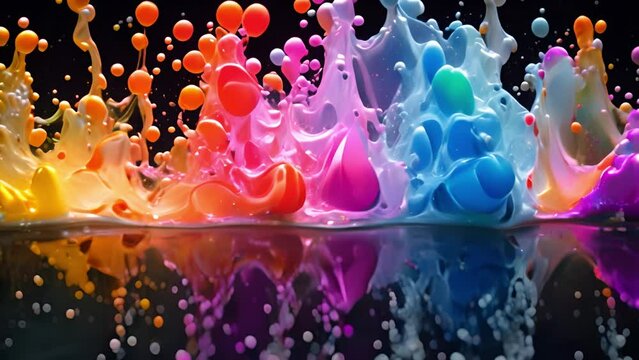 Vibrant colored paints blend abstractly in water, creating blur.