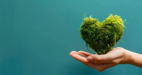 Naklejka na ściany i meble Banner with green grass heart in hands (palms). Heart on turquoise background. Concept of Earth protection, Earth Day, Ecology. Photorealism.