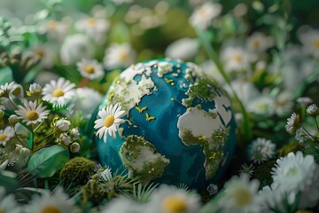 Obraz na płótnie Canvas Banner with planet surrounded by flowers and greenery. Planet Earth. Earth Day. April 22. The concept of a green world and protection of the Earth. Ecology. Photorealism.