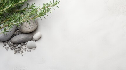 Spa background with rosemary and pebbles on white background
