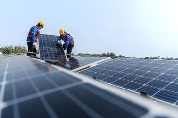 Photovoltaic engineers work on floating photovoltaics. workers Inspect and repair the solar panel equipment floating on water. Engineer working setup Floating solar panels Platform system on the lake.